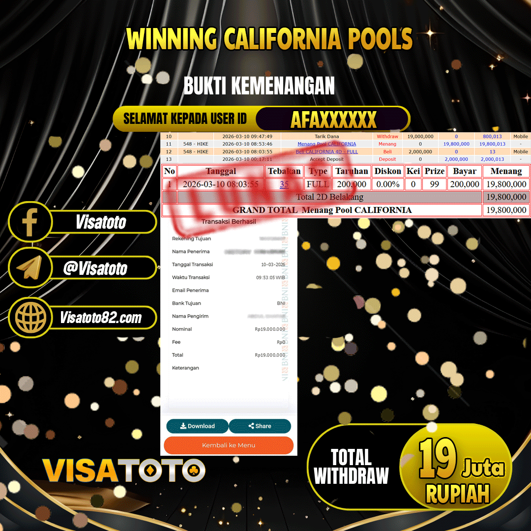 VISATOTO JACKPOT TOGEL CALIFORNIA RP.19.000.000,- LUNAS USER ID AFA***