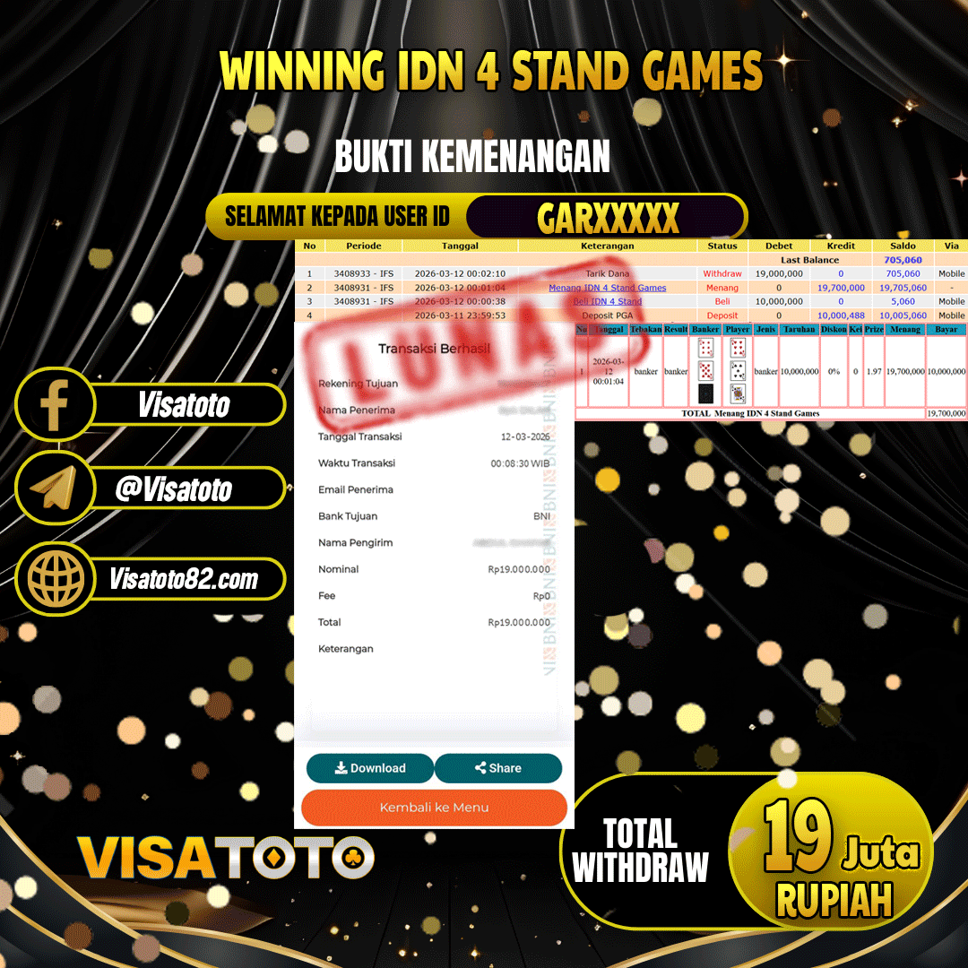 VISATOTO JACKPOT LIVE GAMES IDN 4 STAND GAMES RP.19.000.000,- LUNAS USER ID GAR***