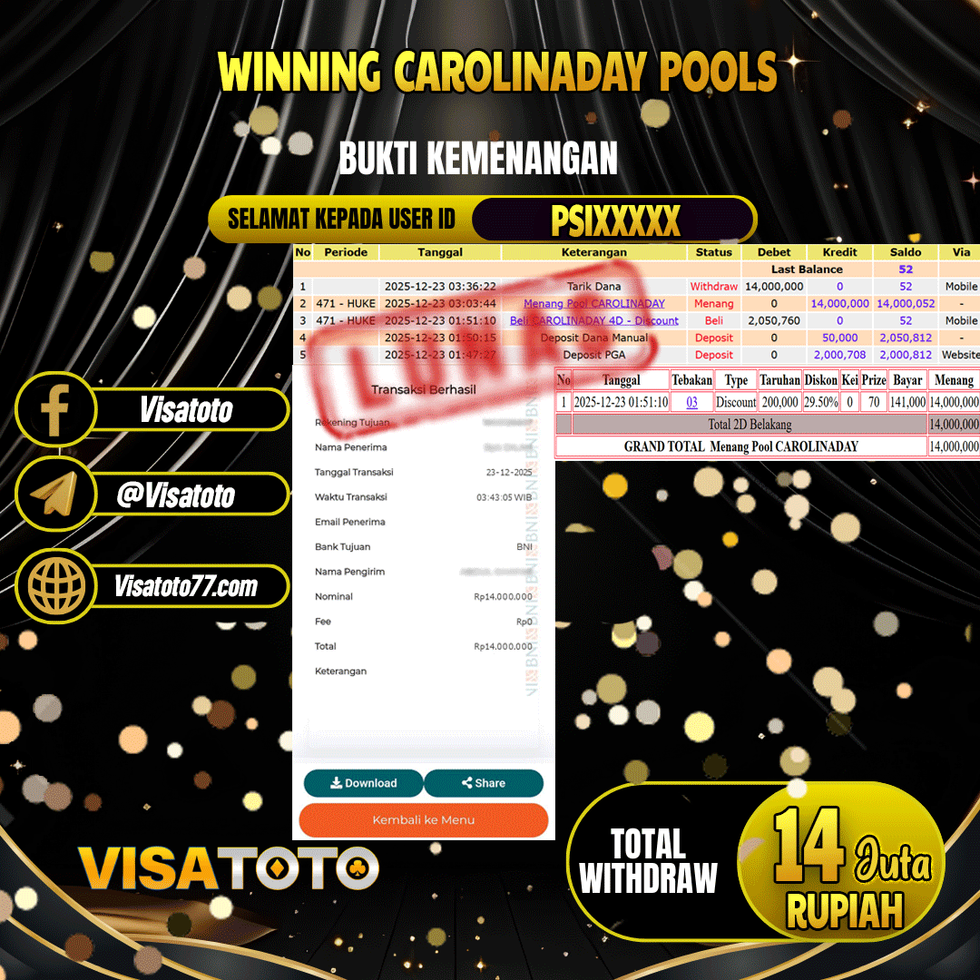 VISATOTO JACKPOT TOGEL CAROLINA DAY  RP.14.000.000,- LUNAS USER ID PSI***
